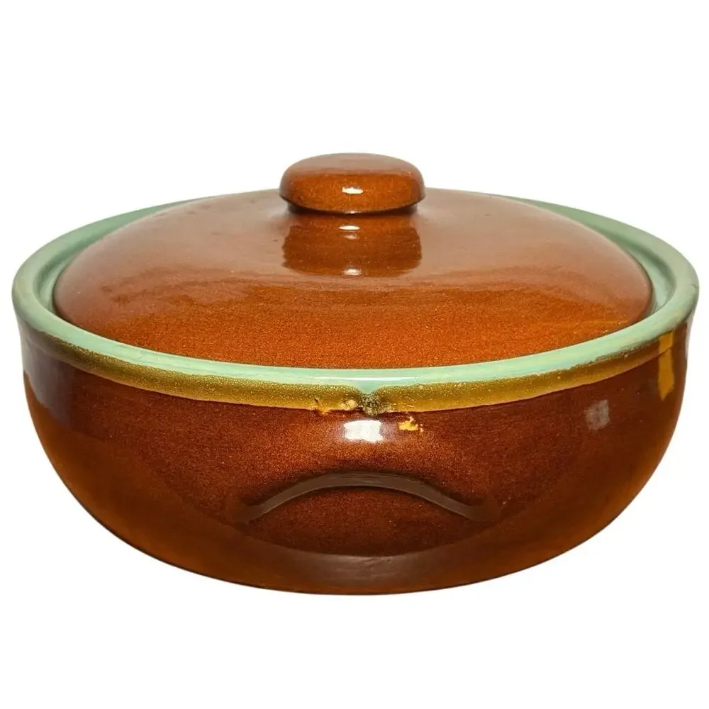 Vintage Country Fare Casserole Dish Tab Handles Brown Teal Glaze Stoneware USA